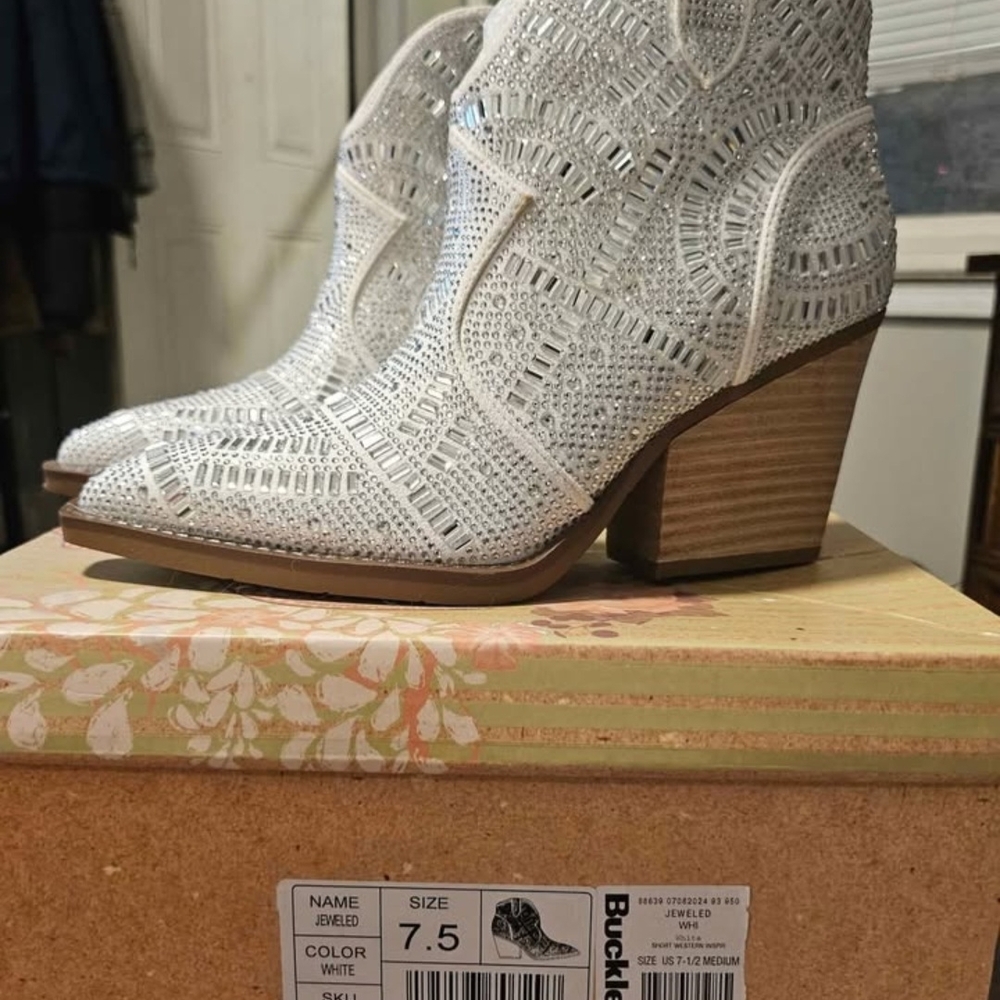 Buckle White Jeweled Heeled Boots